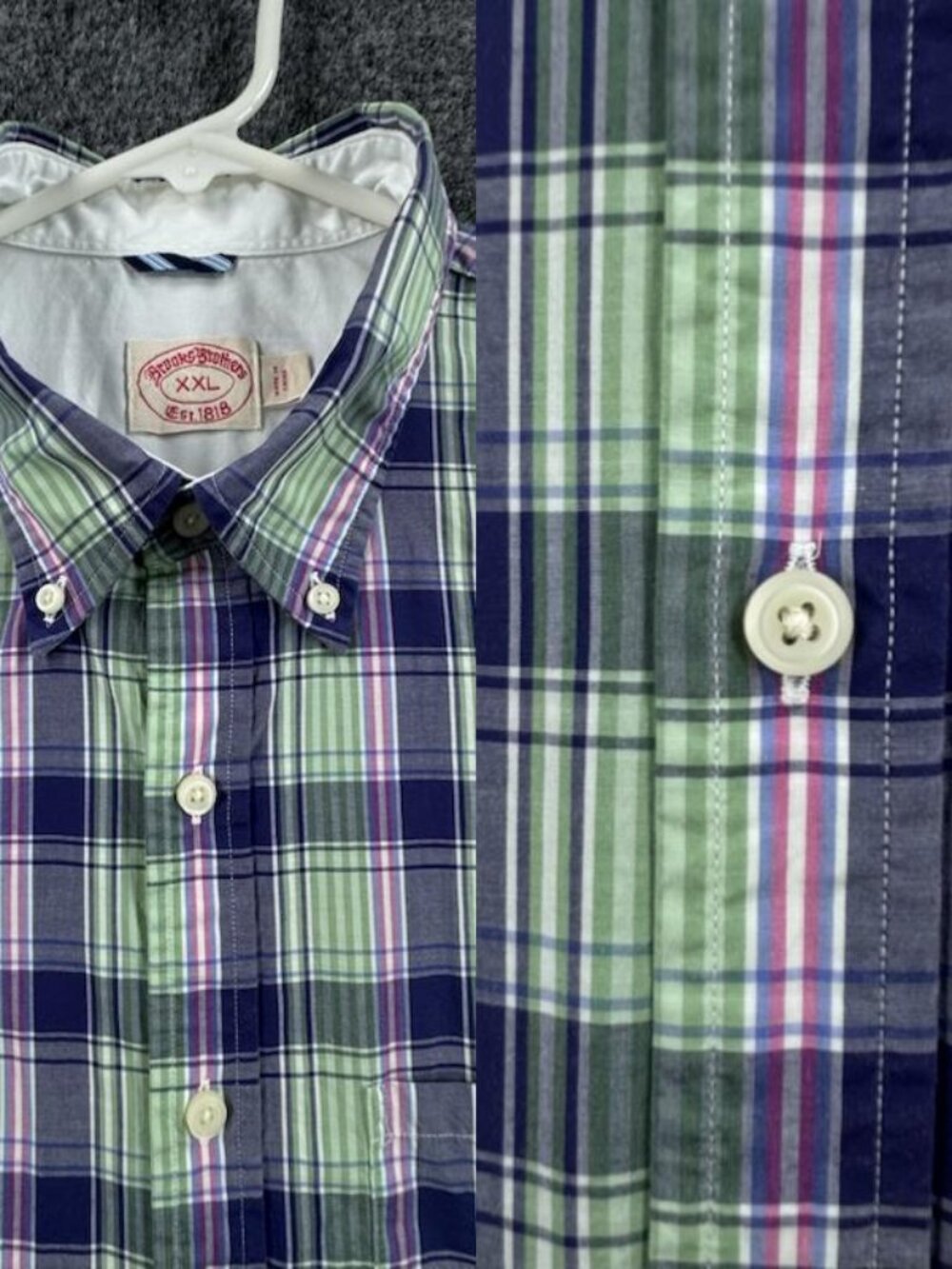 Brooks Brothers Cotton 2XL Mens Button-Down Plaid Blue Green Shirt Preppy Office